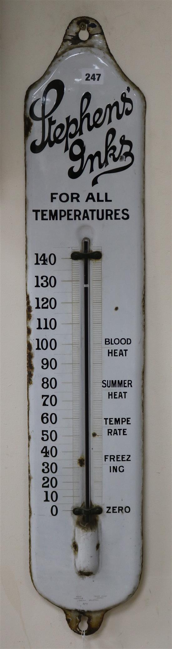 A Stephens Inks For all Temperatures enamelled thermometer sign length 93.5cm